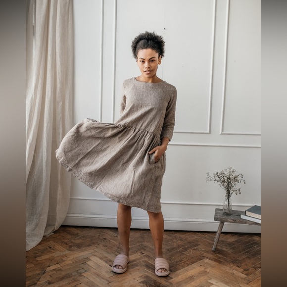 ❣️sold❣️lenok linen Brown Dress Size Small Knee Length Pockets - Picture 8 of 10